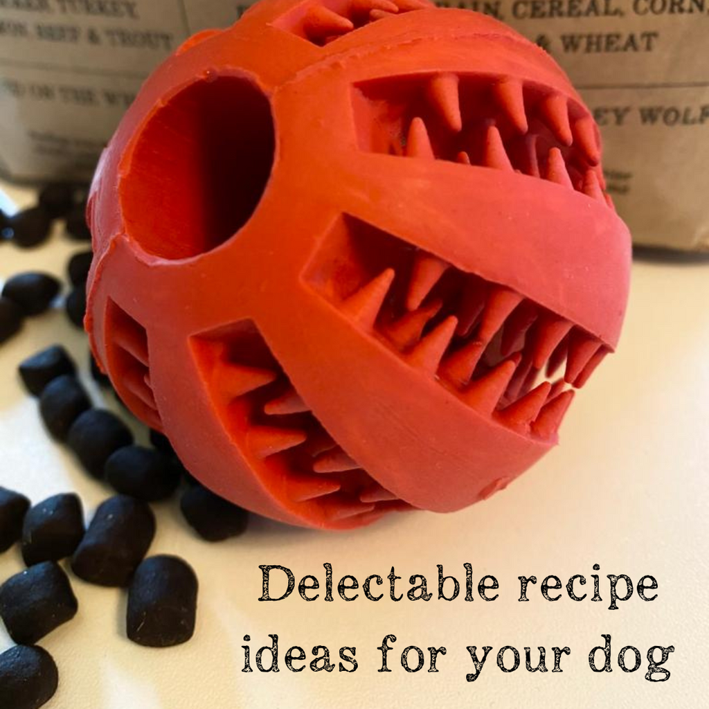 Red puzzle ball surrounded by Wolfworthy complete dry food